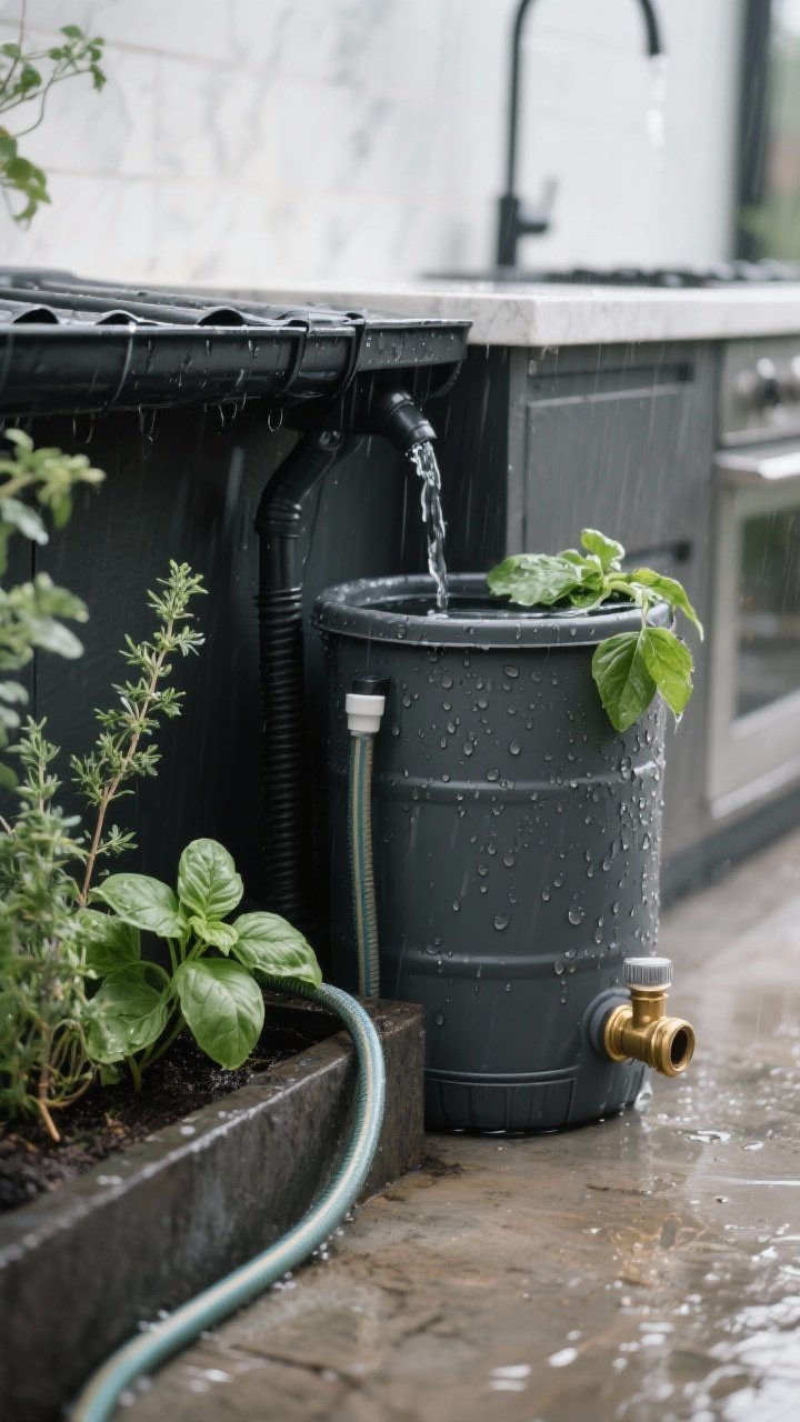 Photorealistic detail closeup of a rainwater harvesting setup beside an outdoor kitchen: matte black gutters feeding into a slimline charcoal-colored rain barrel with a brass hose bib and inline simple filter; a drip irrigation line snakes into a raised herb bed of basil and thyme; include wet droplets on the barrel and leaves to suggest recent rainfall; soft overcast lighting to highlight functional, eco-friendly details; clean counters nearby subtly damp from a rainwater rinse.