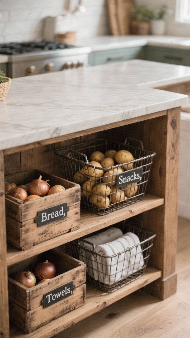 Photorealistic detail closeup of an island end with open shelves holding vintage-style wooden crates and wire baskets. Crates are labeled “Bread,” “Snacks,” and “Towels,” with cohesive stains to match surrounding wood tones; wire baskets contain potatoes and onions for airflow. The open layout feels airy and modern while maintaining farmhouse charm. Soft side lighting to emphasize wood grain, labels, and basket texture; overhead-leaning angle to read organization clearly.