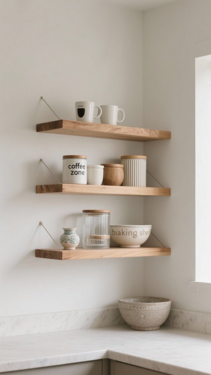 Photorealistic detail/medium shot of chic open shelving: two wood floating shelves styled in a tight palette of whites, natural woods, and a single accent color. Grouped by function—one “coffee zone” with mugs and canisters, one “baking shelf” with canisters and mixing bowls, plus a small curated “pretty ceramics” moment. Repeated materials like ribbed glass, stoneware, and wood for cohesion. Neutral wall, uncluttered counters, soft daylight from the side, close enough to see textures, no people.