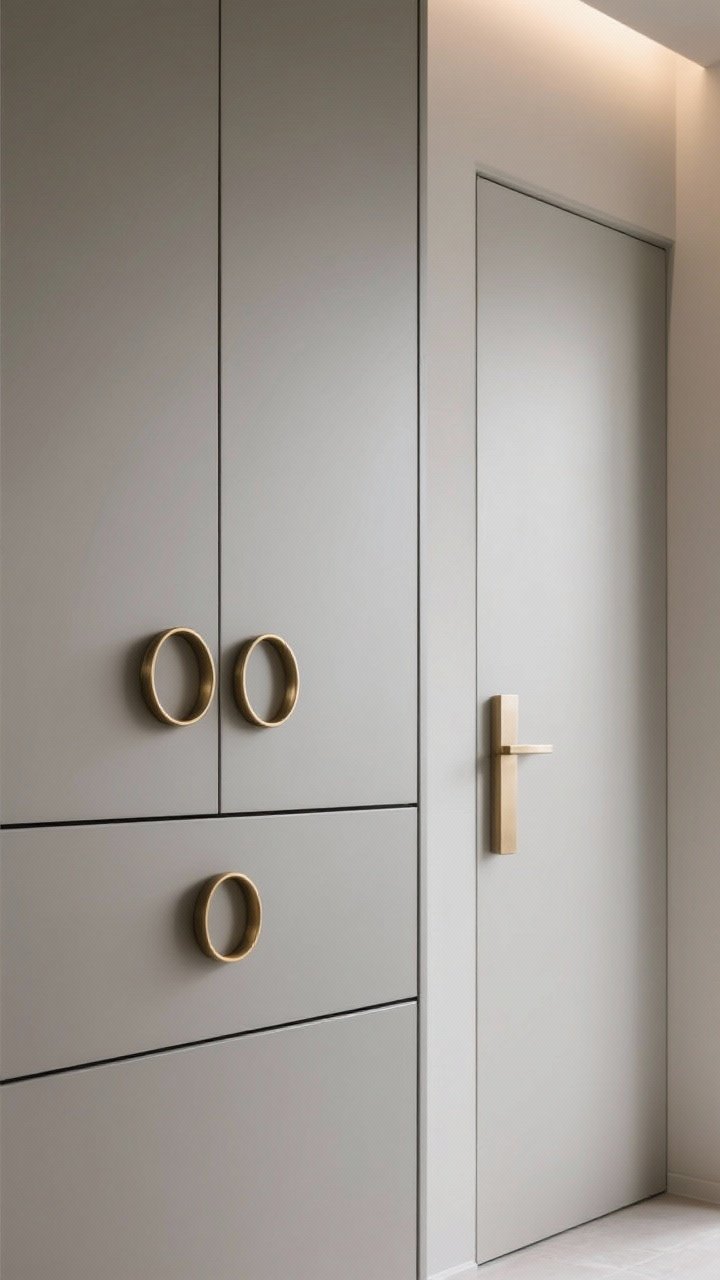Photorealistic detail shot from a straight-on angle of a modern drawer front with paired half-moon pulls forming a perfect circle in matte brass; adjacent cabinet door features a minimal integrated finger pull; a tall drawer nearby shows an offset vertical pull for a boutique look; smooth slab-front cabinets in muted greige; gallery-like soft directional lighting emphasizing sculptural profiles; no people