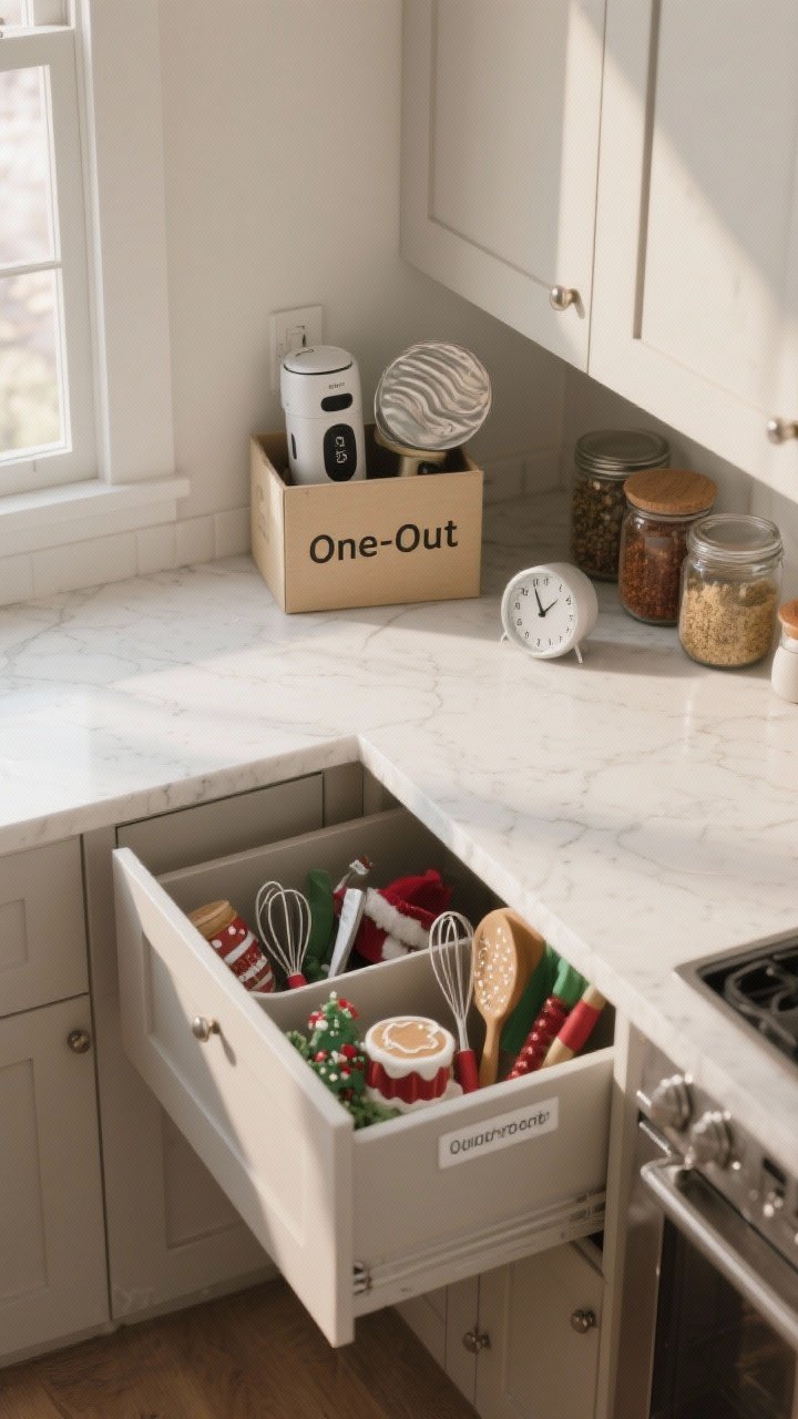 Photorealistic detail shot of a countertop and open cabinet during a quarterly reset: a small donation box labeled “One-Out” holds a duplicate gadget and a warped lid with no container; a timer set to 15 minutes on the counter; spices being checked—older jars pulled aside; seasonal swap items (holiday baking tools) in a labeled bin; calm, intentional mood with soft morning light; overhead angle capturing the tidy, minimalist aesthetic