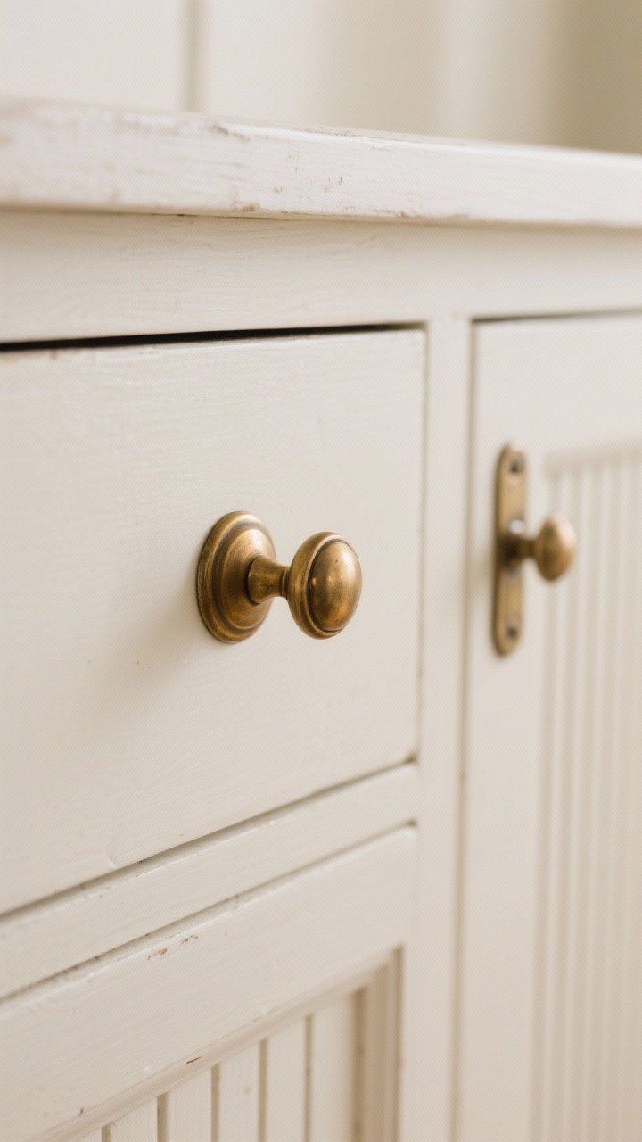 Photorealistic detail shot of classic cup-style bin pulls in antique brass centered on a wide drawer, with a matching round knob on an adjacent cabinet door; slim ribbed backplates in the same finish add subtle texture and protect paint; cottage-traditional mood with soft white cabinets; gentle, warm ambient lighting; slight wear for heritage charm; no people