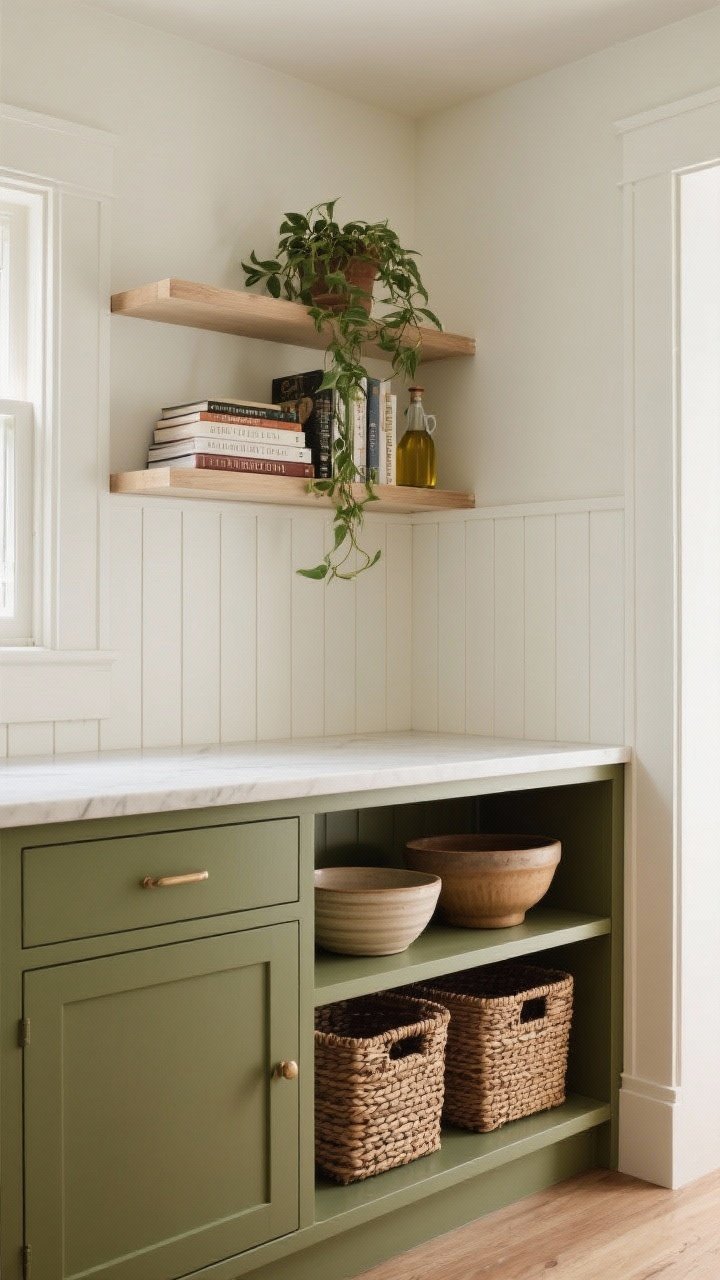 Photorealistic medium, corner-angle view of an island with an open-shelf end cap: a small prefab bookshelf seamlessly integrated and trimmed; beadboard back panel painted a contrasting warm white against an olive island; lower shelf holds woven baskets and mixing bowls, upper shelf styled with a trailing plant, stacked cookbooks, and a ceramic oil bottle; satin paint finish; natural light grazing the beadboard texture.