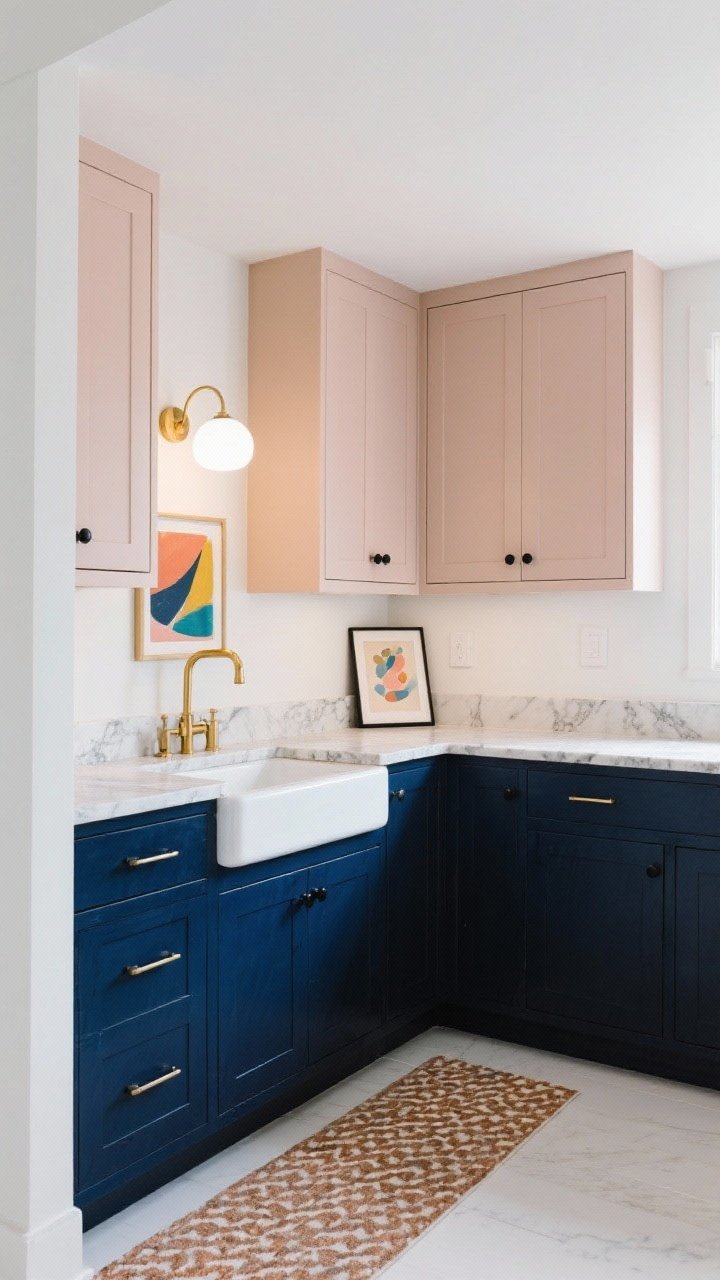 Photorealistic medium shot, bold meets soft: deep navy lower cabinets with blush-beige uppers (whisper-soft blush, reads neutral), warm white bulbs casting cozy evening light, brass hardware with optional black accents, veined quartz countertop, art print and a patterned runner echoing the warm/cool mix, clean white walls to let colors pop, playful yet grown-up mood; corner angle framing the sink and a short run of uppers.