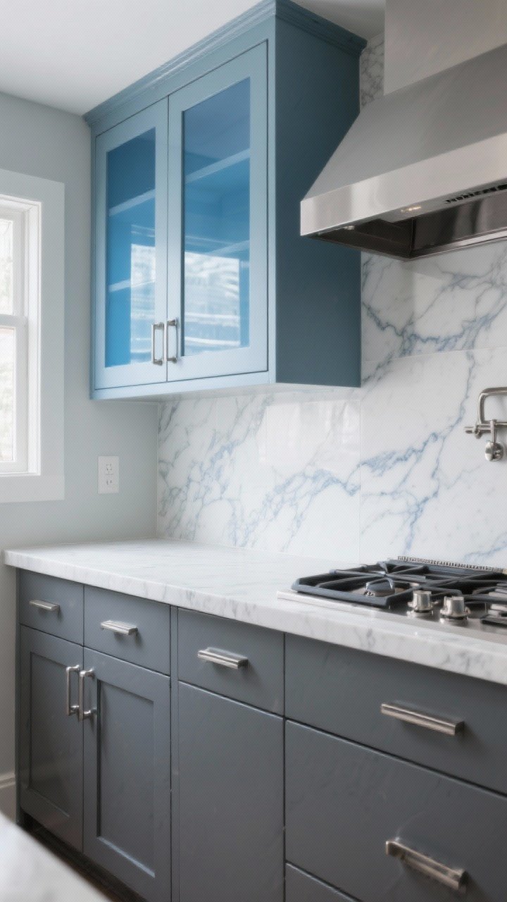 Photorealistic medium shot: charcoal gray lower cabinets with muted dusty blue uppers (stormy sky tone), chrome hardware for a cooler vibe, white marble countertop and backsplash with gray-blue veining tying both shades, optional blue-tinted glass fronts on two upper doors, family-friendly feel with clean fingerprints-free lowers, balanced moody-meets-breezy atmosphere, diffused daylight; three-quarter perspective across the cooktop wall.