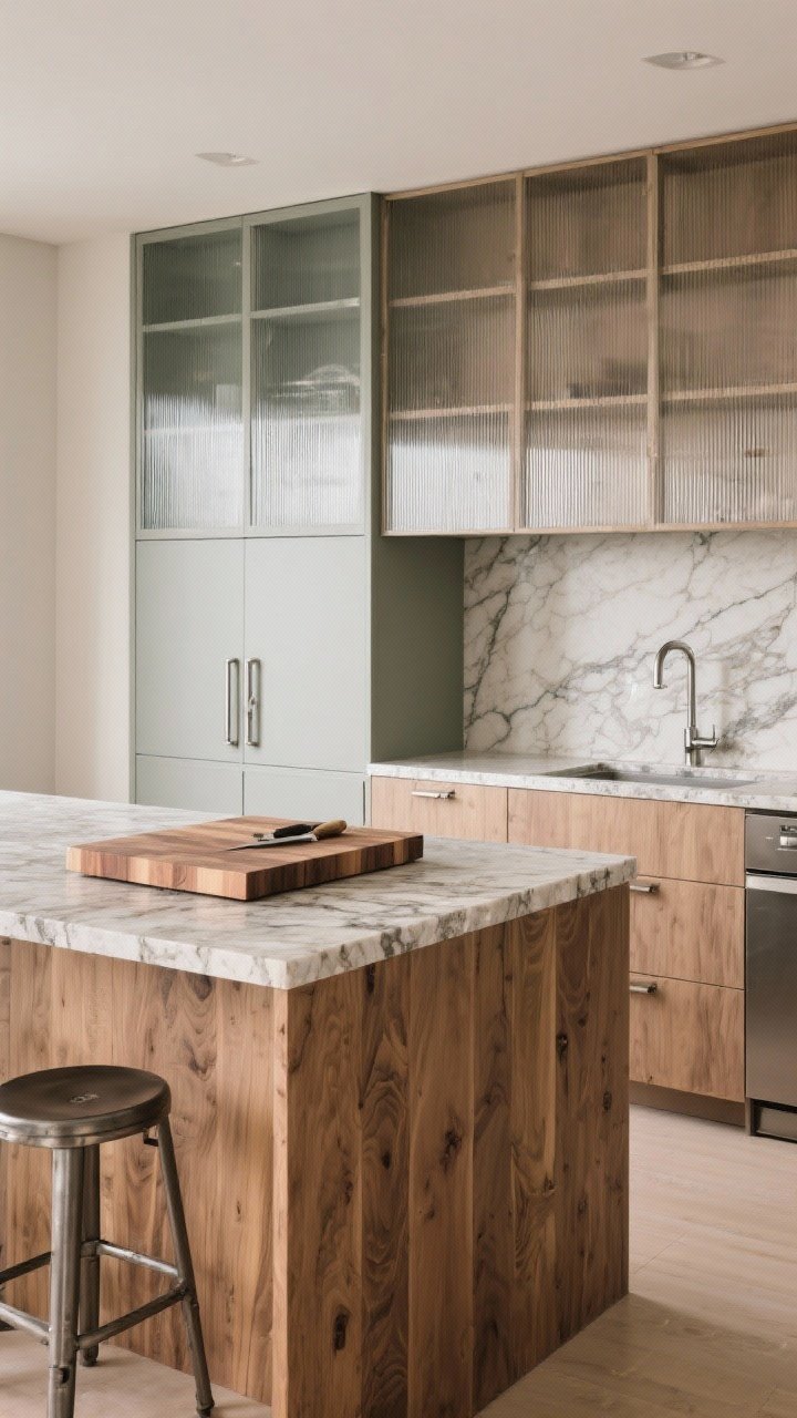 Photorealistic medium shot emphasizing mix-and-match materials: a wood-base island with a stone countertop and a butcher-block insert dedicated for chopping; layered textures including reeded or glass-front panels that partially veil contents, a restrained palette of 2–3 materials, waterproof finish near the sink area, and coordinated stool metal finishes matching cabinet hardware (e.g., brushed nickel); soft, natural lighting highlighting grain and stone veining