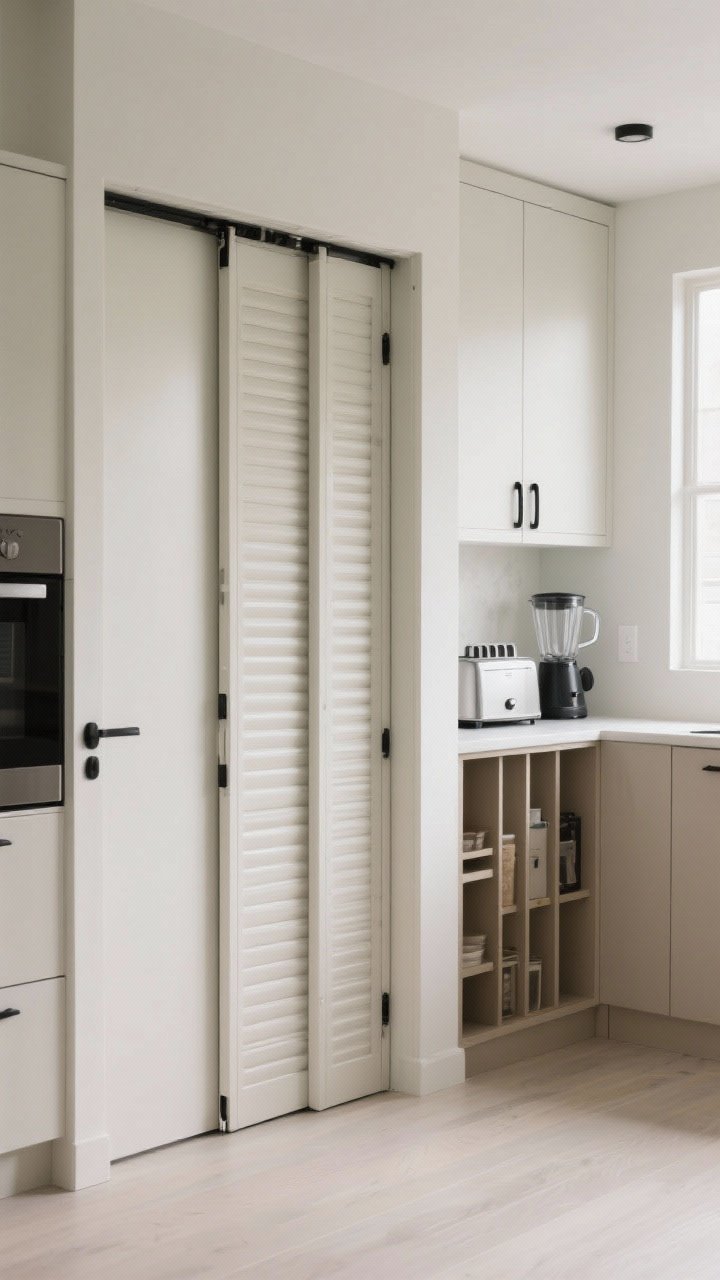 Photorealistic medium shot featuring space-saving doors: a pocket door partially open to the kitchen, showing how it vanishes into the wall; a bifold tambour-style appliance garage concealing a toaster and blender without eating counter depth; sliding pantry panels transforming an awkward nook into organized storage; light cabinetry with discreet matte black pulls; bright, functional daylight; straight-on perspective to spotlight the door mechanics.