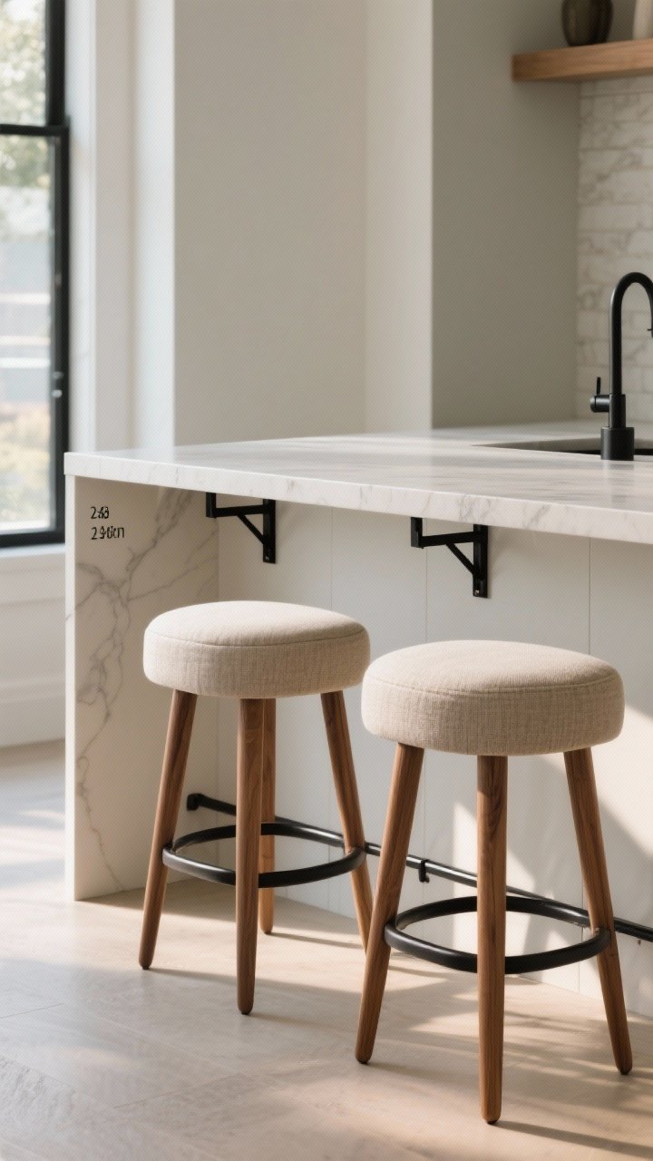 Photorealistic medium shot focused on bar seating at an island with a 12-inch countertop overhang: hidden steel L-brackets subtly visible beneath; two upholstered counter-height stools (24–26 inches) spaced 24 inches apart; island top at 36 inches high; soft afternoon light; matte black brackets, warm wood stools with linen seats; minimal styling, emphasizing legroom depth and comfort.