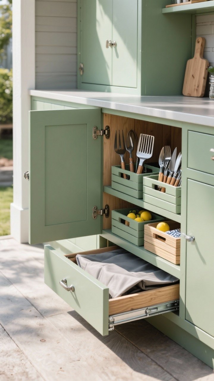 Photorealistic medium shot focused on compact, sustainable outdoor cabinetry: powder-coated metal base units and a marine-grade plywood drawer bank with visible grain, all weather-resistant. Open a drawer to reveal dividers neatly organizing grilling tools and cutlery; show pull-out crates with lemons and napkins; a toe-kick drawer slightly open with a folded grill cover. Finishes use low-VOC paint hues in soft green; recycled hardware visible. Diffused daylight, angled view from cabinet corner.