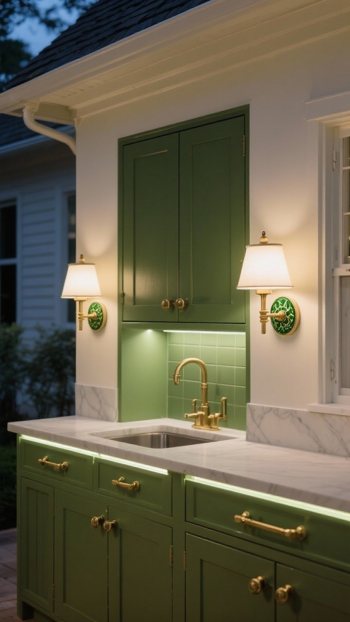 Photorealistic medium shot highlighting lighting and hardware as finishing touches: matte olive green outdoor sconces flanking a small prep area, brass cabinet pulls with green enamel inlay on green-painted doors, and discreet under-shelf LED strips casting task light onto the counter. Evening setting with LEDs and sconces on, creating a cozy, custom feel. Straight-on view to showcase fixture color and hardware detail.