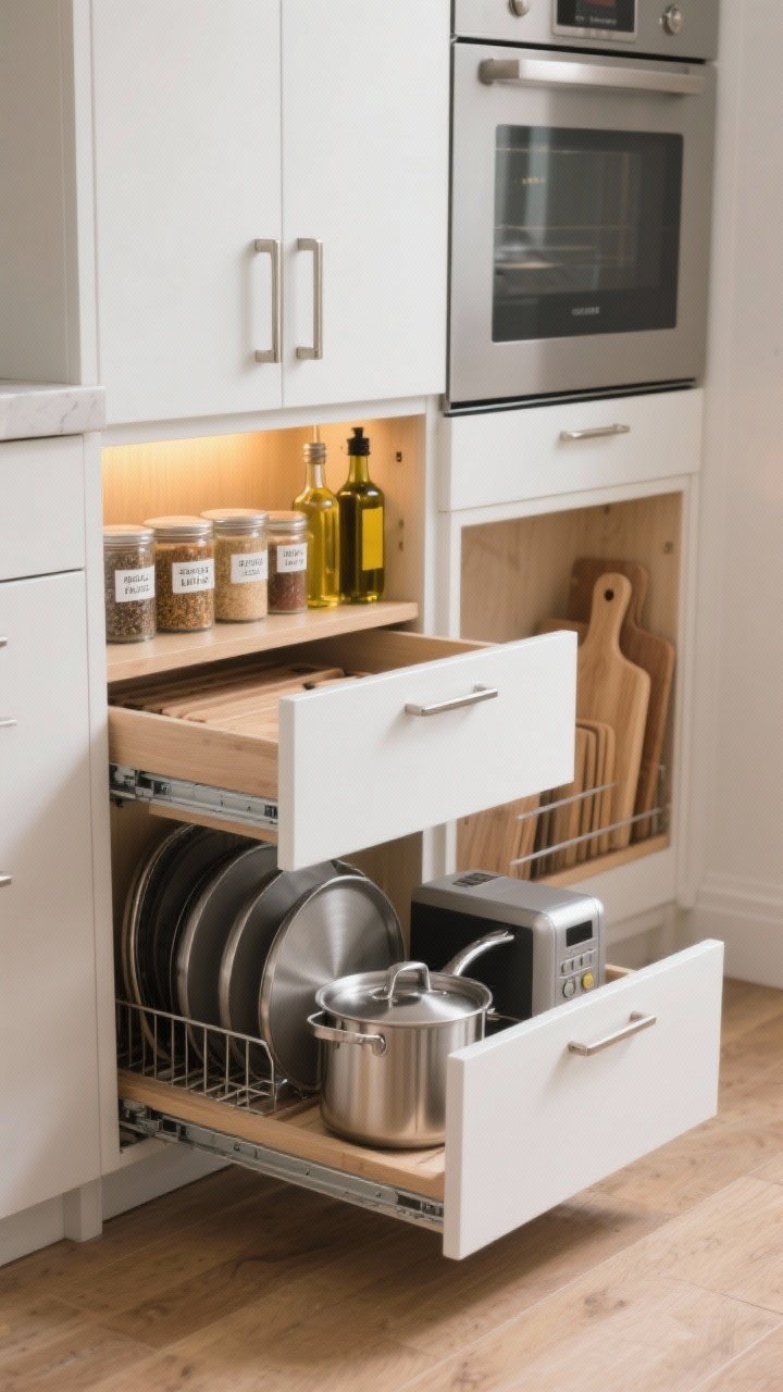 Photorealistic medium shot inside a small modern kitchen base cabinet showing full-extension pull-out shelves gliding out on soft-close rails; include a shallow pull-out near the range with neatly labeled spice jars and oil bottles, and a deeper pull-out below holding stainless pots and a compact appliance; add a vertical divider pull-out with baking sheets and cutting boards stored upright; warm under-cabinet lighting, matte white cabinet fronts, brushed nickel hardware, light oak interior, labels visible on the front edges.