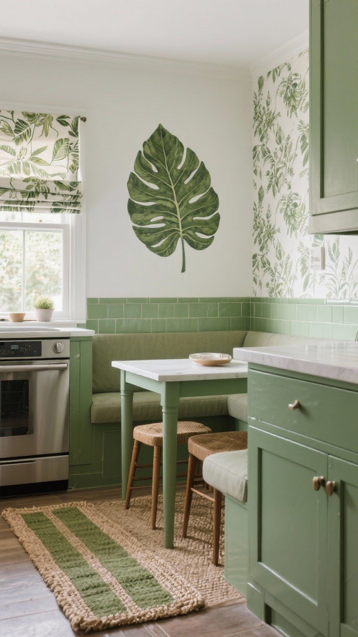 Photorealistic medium shot of a breakfast nook adjacent to a green kitchen: a single hero leaf-motif wallpaper on one wall, botanical print Roman shades in complementary tones, and a natural fiber jute rug layered with a washable runner featuring earthy greens that echo the cabinet or tile colors; simple bistro table with minimal styling to avoid chaos; soft daylight enhancing pattern without glare.