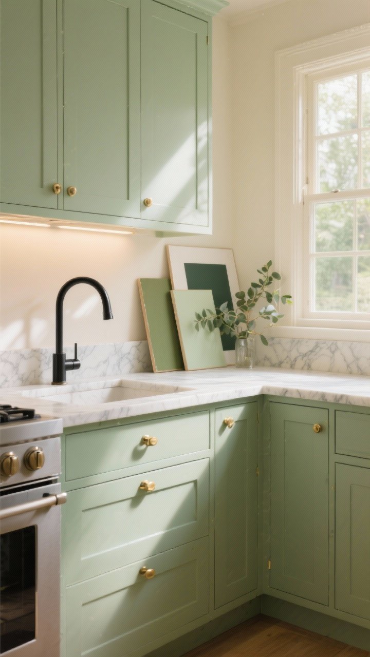 Photorealistic medium shot of a bright, airy kitchen with muted sage green shaker cabinets, warm light cream walls, and sunlight streaming through a south-facing window; finishes include brushed brass pulls and a matte black bridge faucet; marble counters with subtle veining; large paint sample boards in sage, olive, and eucalyptus propped on the counter near under-cabinet lighting that slightly cools the greens; natural morning light highlighting the breezy feel, no people, soft shadows.