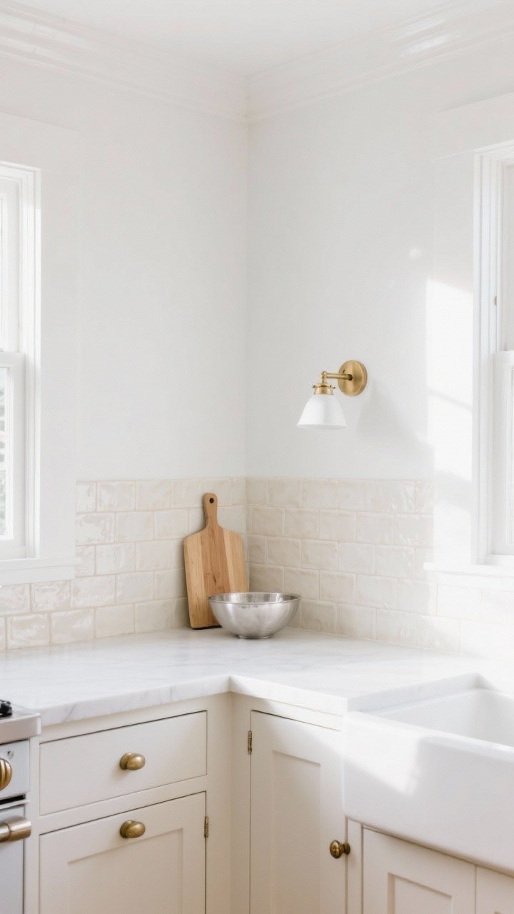 Photorealistic medium shot of a bright white kitchen corner showcasing layered whites: warm ivory shaker-style base cabinets with brass knobs, bright white matte walls, and a creamy handmade-tile backsplash; ceilings painted a half-shade lighter than the walls for a subtle glow; morning natural light streaming in highlighting the different white tones; include a small brass sconce and a light oak cutting board to emphasize warm whites, with chrome bowl set aside to hint at cool-white compatibility; no people, crisp lens, soft shadows.