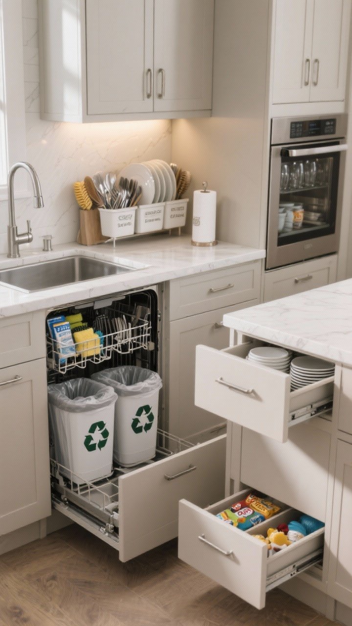 Photorealistic medium shot of a cleanup and restock-friendly cabinet layout around the sink and dishwasher: a two-bin pull-out for trash and recycling under/next to the sink, a slim micro drawer above it organized with dish tabs, sponges, and brushes; nearby base drawers for plates and bowls, upper for glasses, cutlery drawer next to the dishwasher. Include pantry pull-outs with labeled bins, a high backstock cabinet with paper towels and foil, and a low snack drawer for kids. Neutral cabinetry, soft-close hardware, under-cabinet LEDs; corner perspective showing workflow.