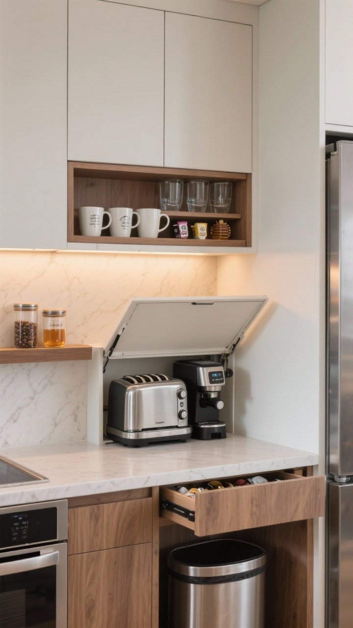 Photorealistic medium shot of a compact breakfast and beverage hub: an appliance garage with a lift-up door housing a toaster and espresso machine, upper cabinet for mugs and glassware directly above a shallow drawer neatly organized with coffee pods, tea, and honey; a discreet pull-out trash nearby. Place the hub near a stainless fridge; warm under-cabinet lighting highlights a light quartz counter; soft walnut accents and a floating shelf with coffee canisters; clean, modern aesthetic; slight corner angle.