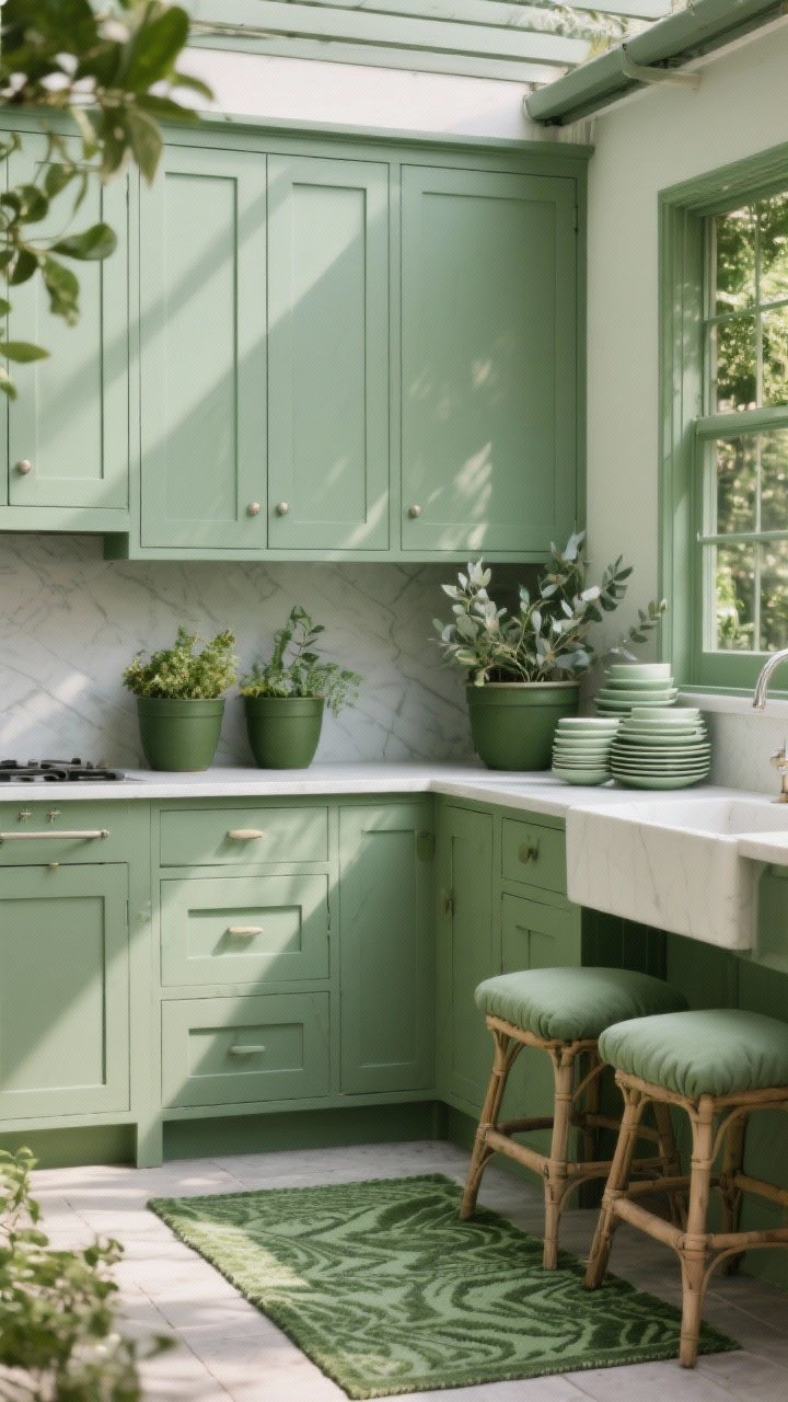 Photorealistic medium shot of a compact outdoor kitchen vignette in a monochrome green palette: muted sage-painted outdoor cabinets with matte finish, darker olive green planters, and lighter eucalyptus-toned dishware stacked on a slim counter. Add seat cushions and an outdoor rug in similar greens with subtle patterns. Natural daylight, soft shadows. Straight-on perspective to emphasize layered green tones with minimal visual breaks.