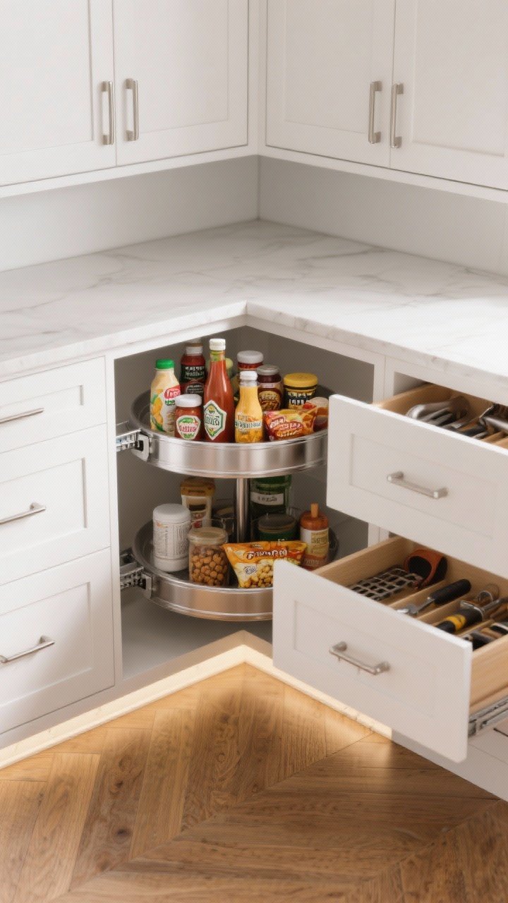 Photorealistic medium shot of a corner base cabinet optimized: a two-tier chrome Lazy Susan loaded with sauces, snacks, and baking supplies; adjacent diagonal corner drawers slightly open revealing neatly arranged tools; a blind-corner pullout mechanism extended, bringing items from the back forward; matte white cabinets with brushed nickel pulls, warm oak floor; focused under-cabinet lighting adds subtle shine to hardware; angled perspective from the corner.