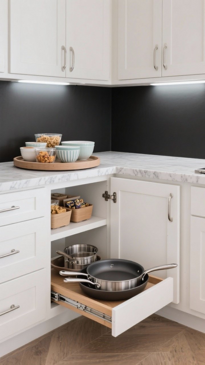 Photorealistic medium shot of a corner cabinet with triple solutions: a full-moon Lazy Susan loaded with mixing bowls and snack bins, a blind-corner pull-out mid-glide bringing rear shelves forward, and a LeMans kidney-shaped tray swung out holding pots and pans; smooth satin nickel mechanisms, white shaker cabinetry, and quartz counters; emphasize easy access to the black-hole corner; balanced cool-white LED lighting, three-quarter angle from the aisle