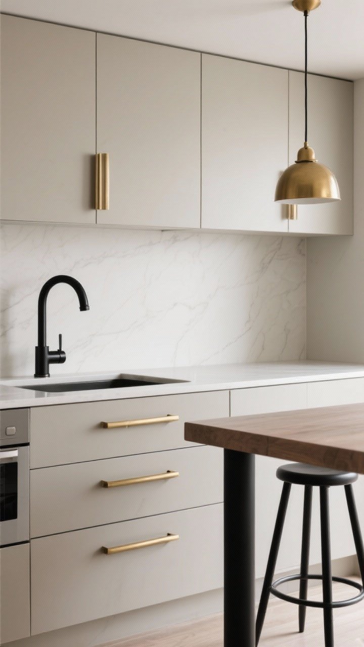 Photorealistic medium shot of a curated kitchen vignette: slab-front cabinets with two-tone pulls combining matte black posts and brushed brass bars; a black faucet and brass pendant light visible to show the bridge between finishes; repeat of the combo on a nearby stool leg detail; cohesive silhouette across all pulls; neutral cabinet color with balanced, even daylight; no people