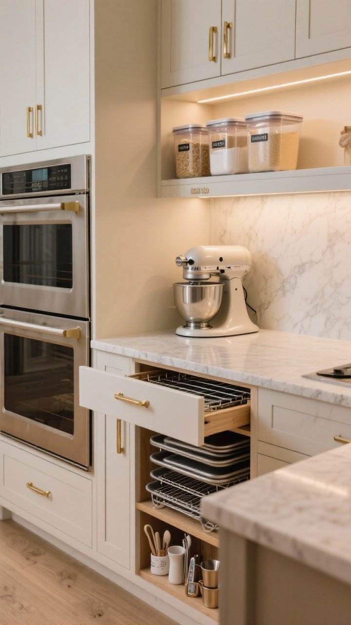 Photorealistic medium shot of a dedicated baking/gourmet zone near the oven: a narrow base cabinet with vertical “mail slot” style dividers holding sheet pans and cooling racks, a lift-up shelf pull-out for a stand mixer, a shallow drawer for measuring cups, scoops, piping tips, and thermometers, and an upper cabinet with labeled airtight bins for sugars and flours. Warm quartz countertop dust-free, brushed brass hardware, soft task lighting under uppers; slight angle from island toward the zone.