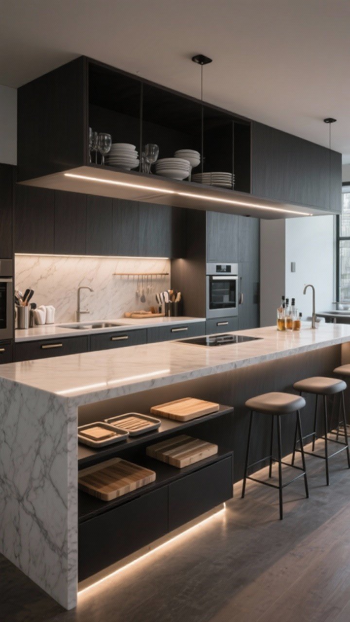 Photorealistic medium shot of a dual-level kitchen island: a working-height prep surface in light quartz paired with a slightly higher dark-toned dining tier that conceals dishes from view; raised bar side with comfy legroom and shallow drawers for napkins and bar tools, lower tier with tray dividers and cutting boards; subtle LED strip lighting under the raised tier casting a moody glow; balanced spacing (36 inches prep side, 42 inches dining side), modern stools along the dining tier