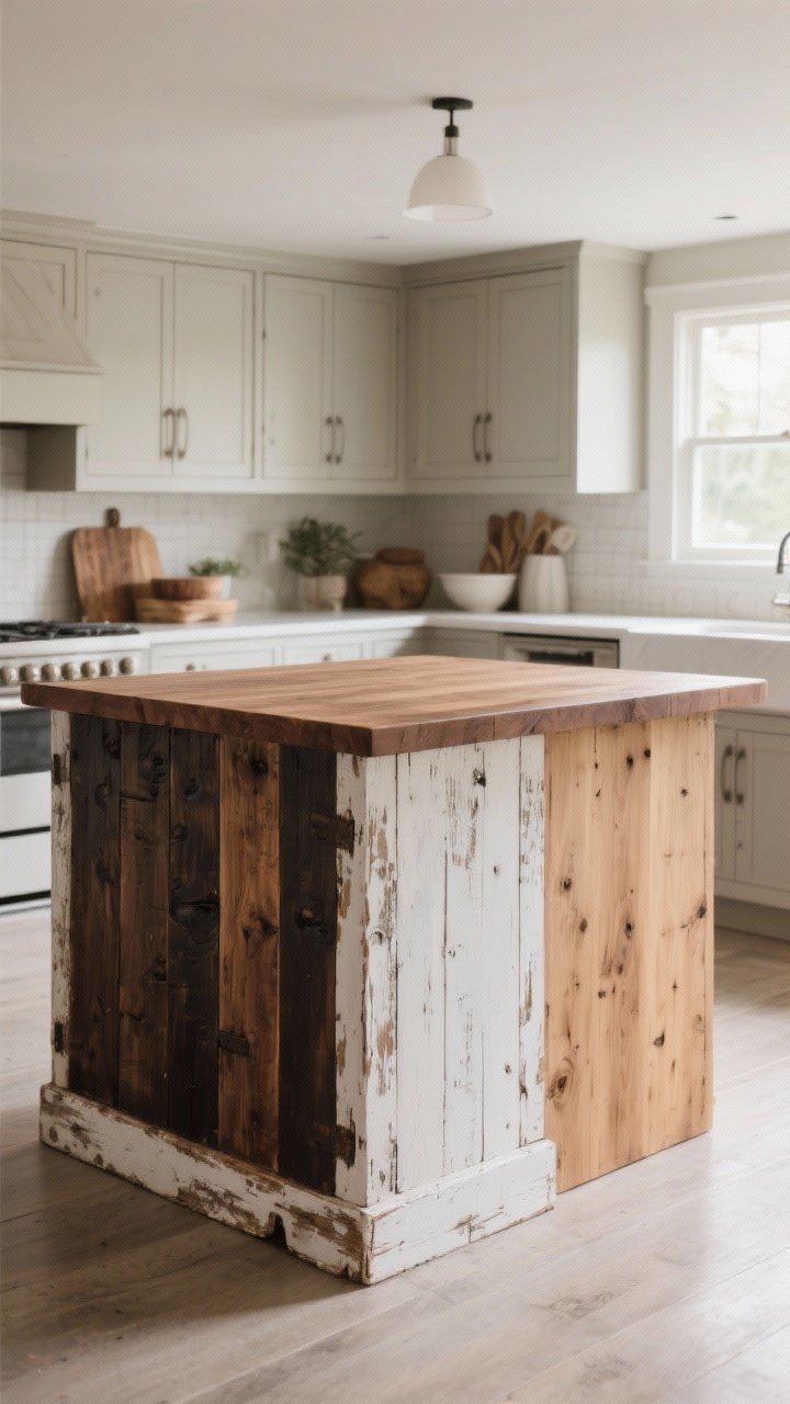 Photorealistic medium shot of a farmhouse-meets-modern kitchen island as the star: a weathered oak base with a walnut countertop, paired with surrounding cabinets kept in a single soft tone. Include styling variants on the island surface: one end shows a dark-stained butcher block panel over a whitewashed base, and another end transitions to a natural oak top over a pale pine base for a collected-over-time look. Finish is matte polyurethane with no plasticky shine. Soft natural daylight from a nearby window, straight-on view, emphasizing mixed wood tones and subtle contrast.