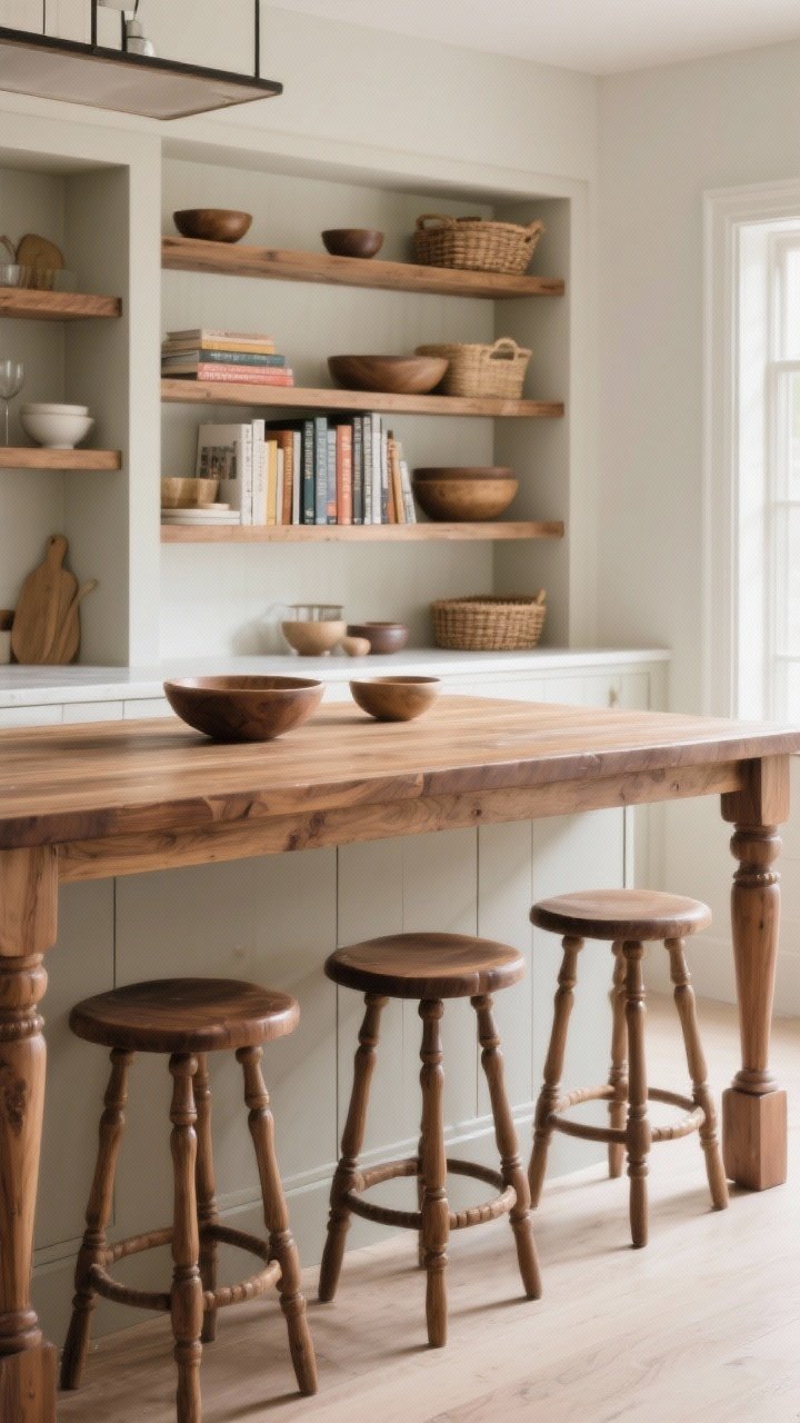 Photorealistic medium shot of a furniture-style island: turned legs framing stool spots, open shelves styled with bowls and baskets for concealed items, a built-in book nook with cookbooks protected by a slight overhang lip; a water-resistant wood top in European oak or walnut finished with hardwax oil, airy proportions that feel custom and light; gentle daylight, soft shadows, and artisan details highlighting character without visual bulk