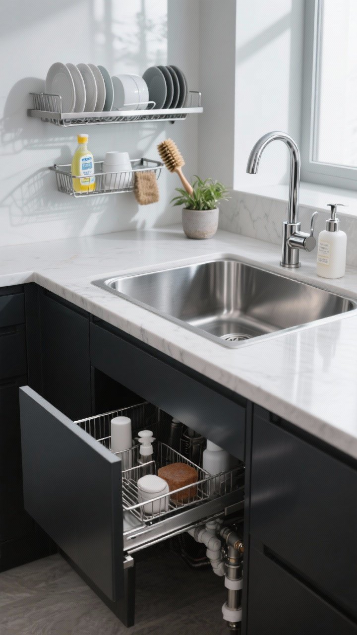 Photorealistic medium shot of a high-function sink zone: stainless undermount sink with a sleek over-the-sink rack holding drying dishes, dish soap, and a scrub brush; a low-profile back-of-sink shelf lifting a small plant and soap dispenser off the counter; under-sink pullout caddy extended slightly past plumbing, organizing cleaning supplies; rust-resistant stainless and black accents for a streamlined look; cool daylight with subtle reflections on metal, shot from a slight angle.