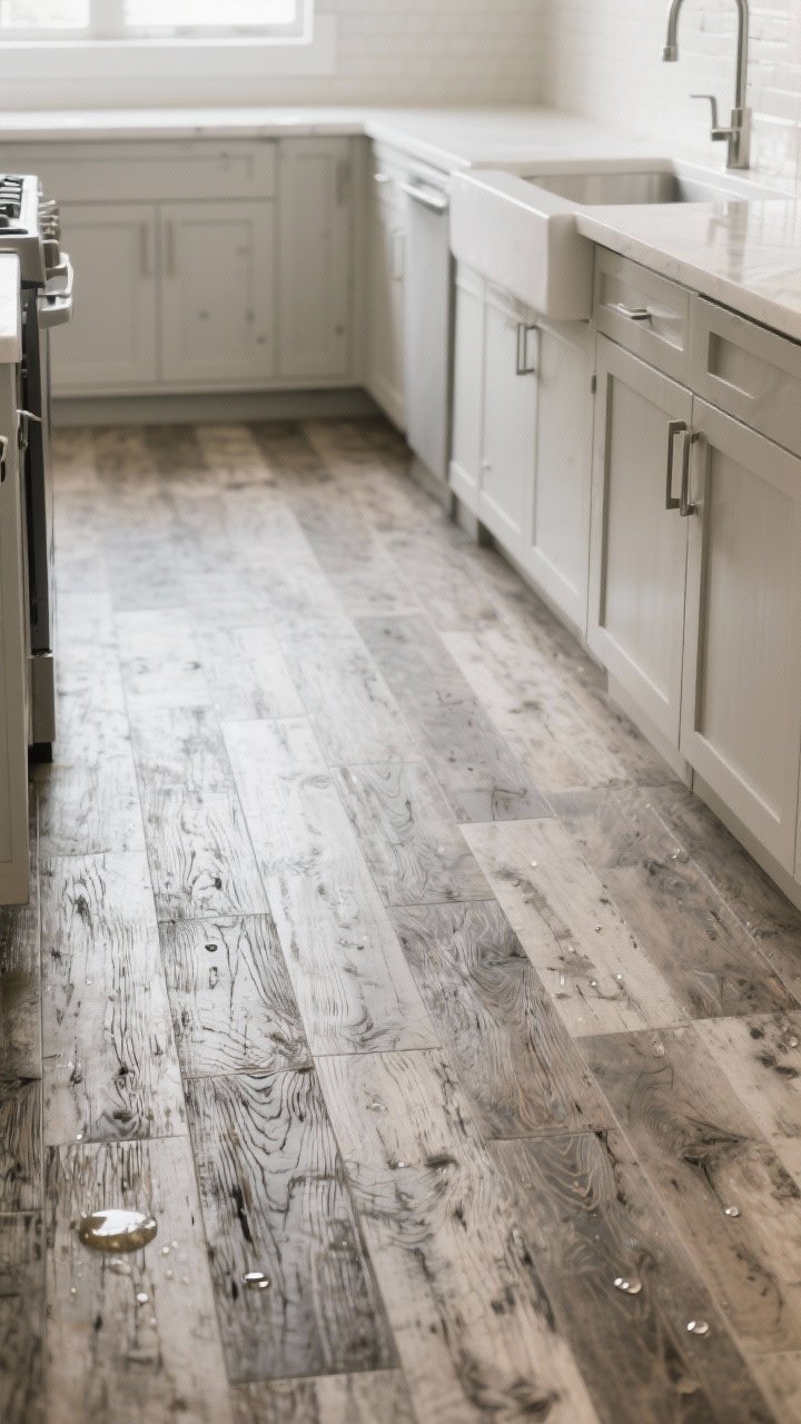 Photorealistic medium shot of a high-traffic kitchen floor in distressed-effect luxury vinyl planks emulating weathered wood; embossed-in-register texture with hand-scraped/wire-brushed look; ultra-matte sheen and a realistic grain; subtle water droplets near a sink to imply waterproof durability; neutral modern cabinetry; bright, even daylight; clean and practical vibe.