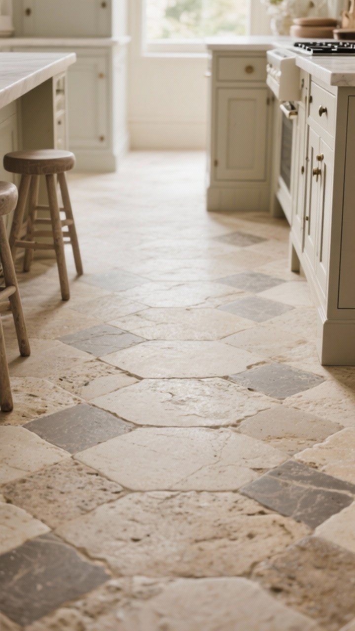 Photorealistic medium shot of a kitchen floor in tumbled limestone/travertine with softened edges and gentle surface texture, tones ranging from sandy beige to mushroom gray; laid in a French Versailles pattern; honed finish for a soft sheen; optional color-enhancing depth; warm, diffused daylight; subtle stone variation for old-world calm; cabinetry and stools softly blurred.
