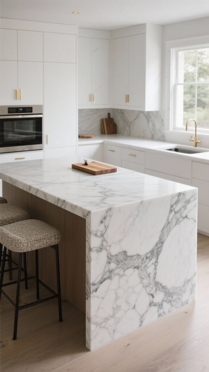 Photorealistic medium shot of a kitchen island as focal point with a luxurious statement countertop only on the island: options shown as a single marble-look porcelain slab with dramatic veining and a clean waterfall edge on one side, contrasting against simple white perimeter counters; 10–12 inch overhang for seating; include alternative texture hints like a small butcher block inset cutting board on top; modern, airy space, natural daylight, matte white cabinetry, subtle brass accents; camera at counter height, straight-on angle emphasizing the waterfall and thick edge profile.