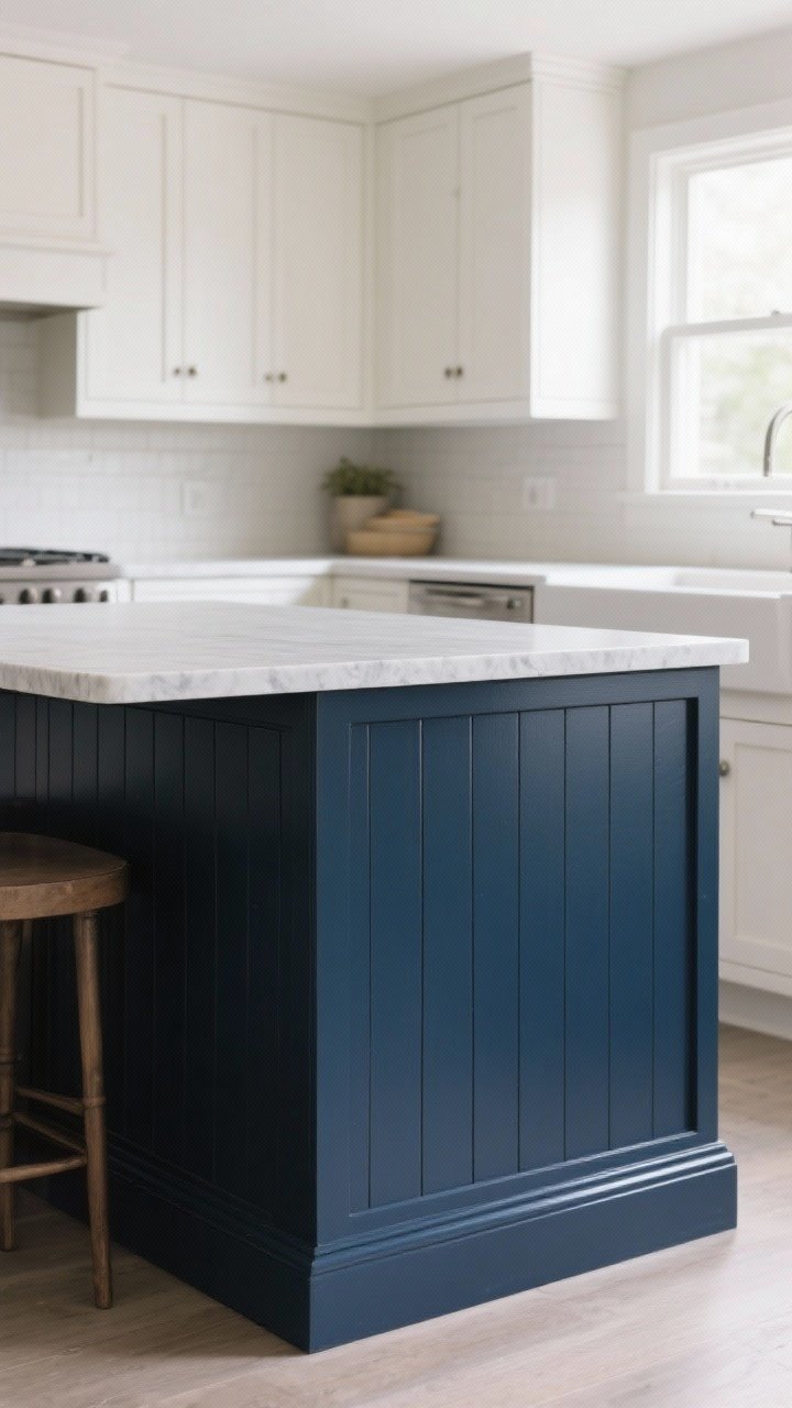 Photorealistic medium shot of a kitchen island painted in a rich deep navy with satin finish, contrasted against warm white perimeter cabinets; toe-kick and back panel painted to match for a seamless, monolithic look; subtle sheen showing wipeable surface; thin beadboard wrap on the island sides for a built-in vibe; soft natural daylight from a nearby window highlights the satin texture; neutral quartz-look countertop; clean, modern space with minimal decor to emphasize the custom millwork feel.