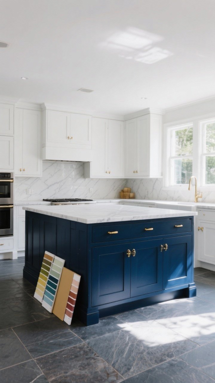 Photorealistic medium shot of a kitchen island with a bold statement base color in deep navy, paired with warm brass hardware and a satin finish for subtle sheen; cool-toned slate floors and white perimeter cabinets frame the island, while natural daylight and soft overhead lighting reveal undertone harmony; include paint sample boards leaning on the island end as if testing in different lighting; quartz countertop in crisp white, clean backdrop, no people, straight-on angle