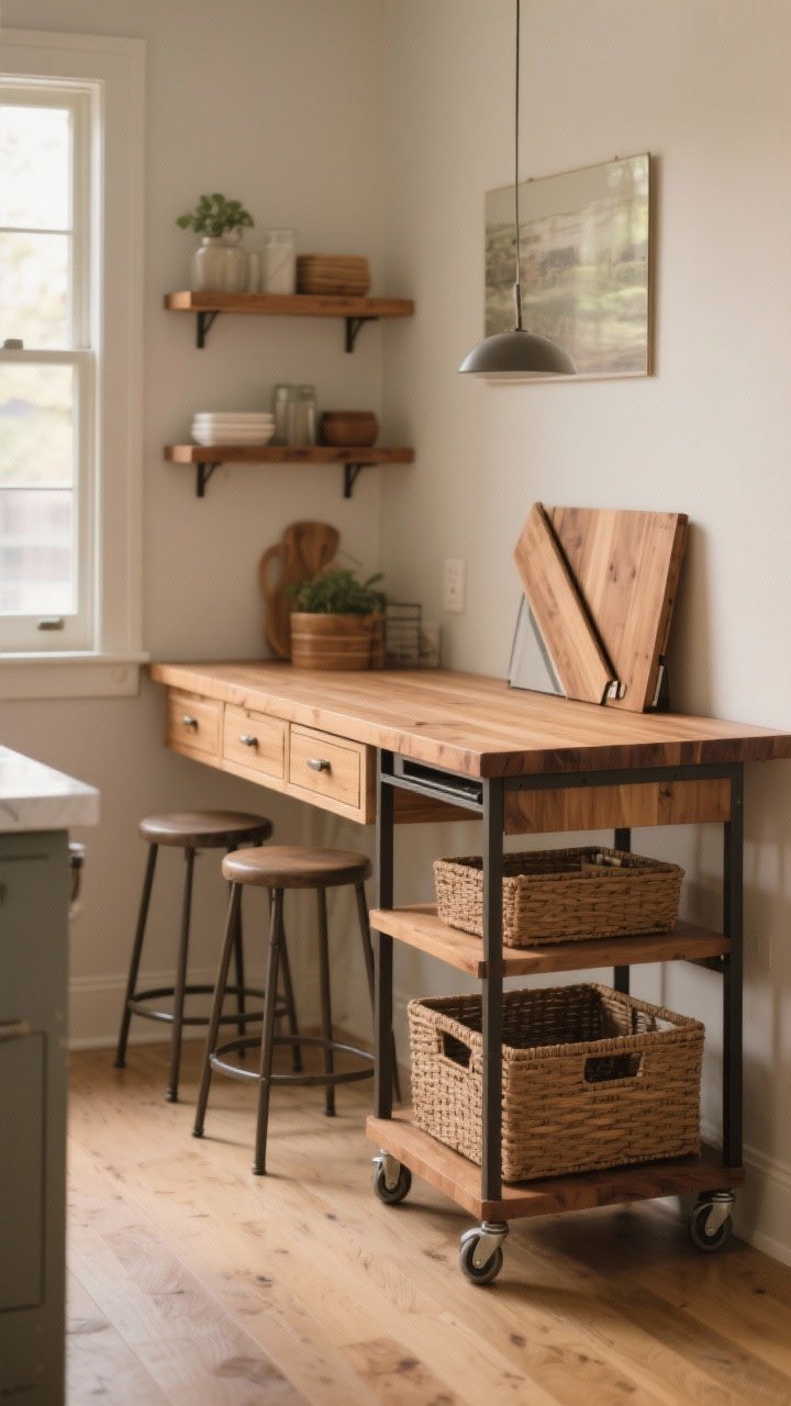 Photorealistic medium shot of a micro workhorse island in a tight kitchen: a butcher block cart on wheels with shelves and drawers, topped in butcher block matched to the main countertops for a built-in look; two slim stools tucked under a narrow console overhang on one side; nearby, a folded drop-leaf edge ready to flip up; compact storage baskets on the cart’s lower shelf; warm, natural light, cozy and functional vibe; three-quarter angle showing mobility and multifunction.
