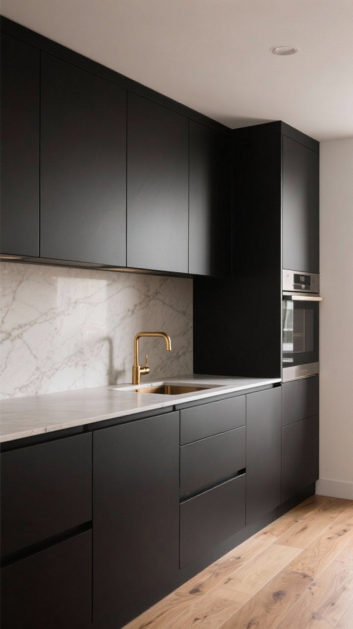 Photorealistic medium shot of a modern kitchen corner featuring matte flat-panel cabinets in matte black with super-matte lacquer finish, paired with light stone countertops and warm metal accents; soft, diffused natural light to reduce glare; include wood floors in a light oak tone, subtle warm brass faucet, and a calm, sophisticated mood; emphasize fingerprint-hiding matte texture and soft-to-the-touch finish; straight-on angle capturing uppers and lowers, no people