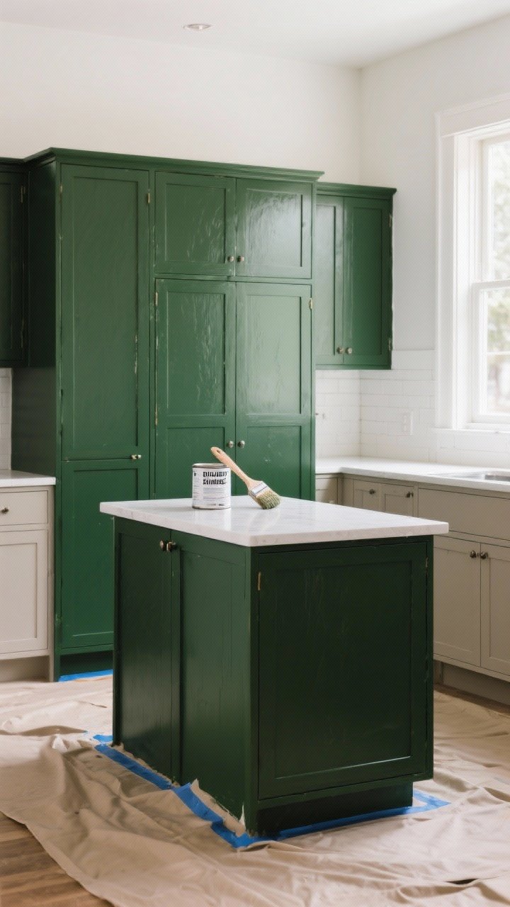 Photorealistic medium shot of a modern kitchen island and lower cabinets freshly painted in deep moody green with satin finish, contrasted against warm white upper walls; include visible foam-roller texture on flats and clean brushwork in door grooves, labeled cabinet doors set aside with painter’s tape on a drop cloth, bonding primer can and angled brush on the counter; soft daylight from a side window, subtle reflections showing semi-gloss wipeable sheen; optional island-only color contrast emphasized against neutral greige perimeter cabinets.
