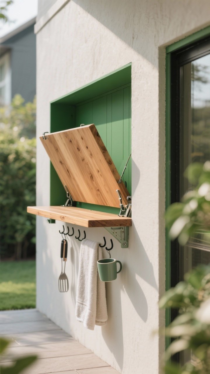 Photorealistic medium shot of a narrow patio wall featuring a fold-down prep bar: sealed cedar slab in down position, stainless folding brackets, underside painted a rich green to read as a design accent when closed. Add a few hooks beneath holding a towel, tongs, and a mug. Minimalist surroundings with matching green accents. Soft afternoon light, slight corner angle to show folding mechanics and wall integration.