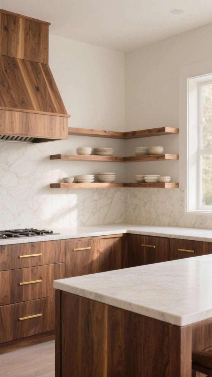 Photorealistic medium shot of a refined modern kitchen corner featuring warm wood tones: a walnut island with a satin-matte finish paired with floating white oak shelves, balanced by creamy quartzite countertops and backsplash. Include a wood-trimmed range hood in rift-cut white oak, understated brass edge pulls, and neutral dishware on the shelves. Natural daylight from the left, soft shadows, no rustic elements—elevated, clean lines, and a calm, refined mood.
