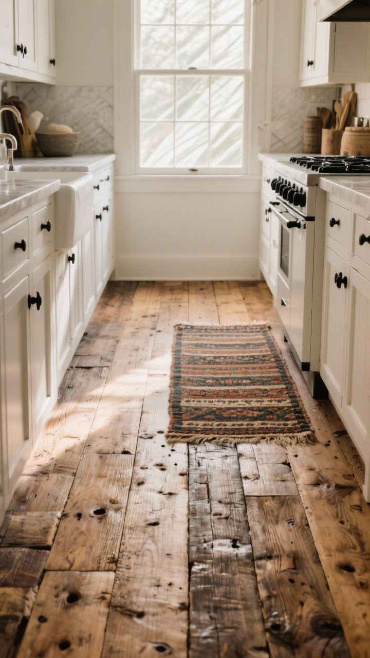 Photorealistic medium shot of a rustic kitchen showcasing reclaimed wood plank flooring with visible sawmill marks, nail holes, knots, and mixed-width boards in warm natural tones; pair with white shaker cabinets, a vintage runner rug down the galley, and matte black cabinet hardware; soft natural window light rakes across the floor to emphasize texture; low-gloss matte hardwax oil finish; no people, cozy farmhouse mood.