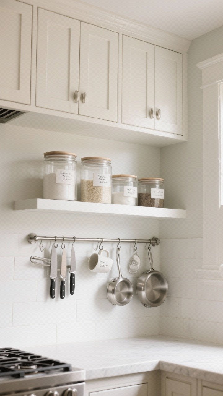Photorealistic medium shot of a small kitchen wall optimized with vertical storage: ceiling-height shaker cabinets in soft white with a top row of slimmer doors, open shelves up high styled with matching clear canisters and labeled jars, a stainless magnetic strip holding knives and metal tools, and a brushed metal pot rail with hooks displaying mugs and pans along a simple backsplash; angle from counter height looking upward to emphasize height; soft natural daylight, minimal shadows, clean and organized, no people.