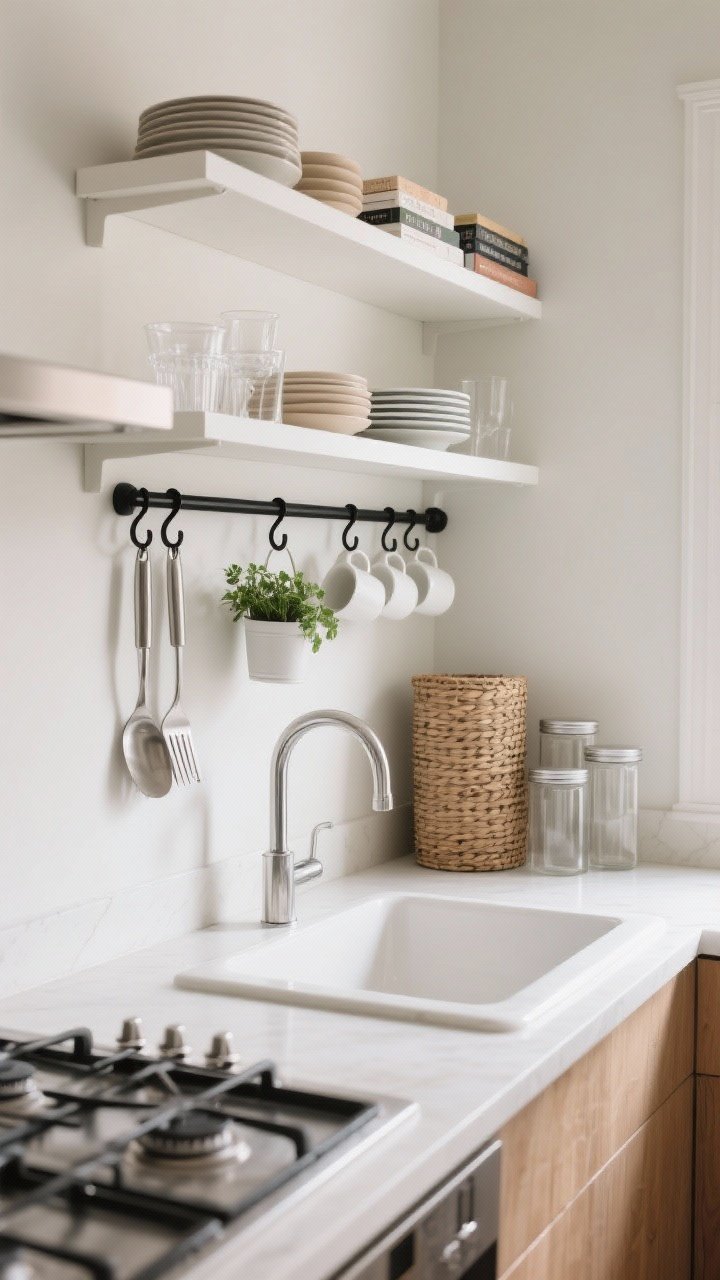 Photorealistic medium shot of a tiny kitchen wall styled for vertical storage: open white shelves above a sink and stove holding color-coordinated plates, clear glassware, and a few neutral cookbooks; a matte black rail system with S-hooks suspending stainless utensils, white mugs, and small herb planters; tall woven baskets and clear tall canisters stacked at one end. Soft daylight, pale wall color, clean counters kept mostly clear; straight-on perspective emphasizing upward lines and height.