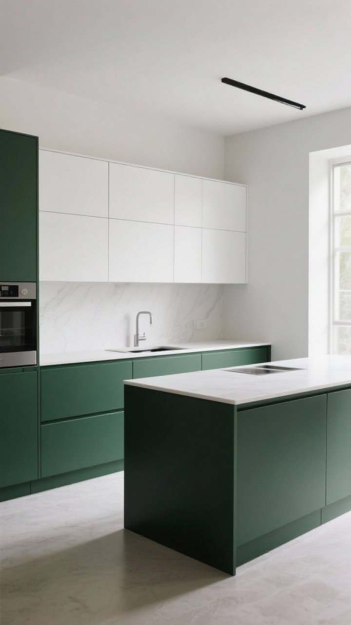 Photorealistic medium shot of a two-tone flat-panel kitchen: deep green lowers paired with crisp white uppers; thin-edge 2 cm countertop in a simple, unifying color; darker tone repeated in the toe kick and island base for cohesion; minimalist hardware or none; balanced, natural daylight to show depth without chaos; slight overhead corner angle to capture contrast lines