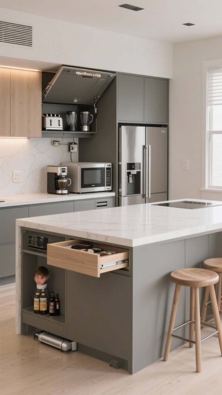 Photorealistic medium shot of an “appliance ninja” island: a clean counter with a built-in microwave drawer on the working side, a beverage fridge positioned at the stool side for easy kid access, and a compact espresso/coffee zone integrated neatly; a lift-up appliance garage at the back for toasters and blenders, clear planning for power and venting; crisp, clutter-free styling with subtle task lighting and a toe-kick vacuum slot visible at the base
