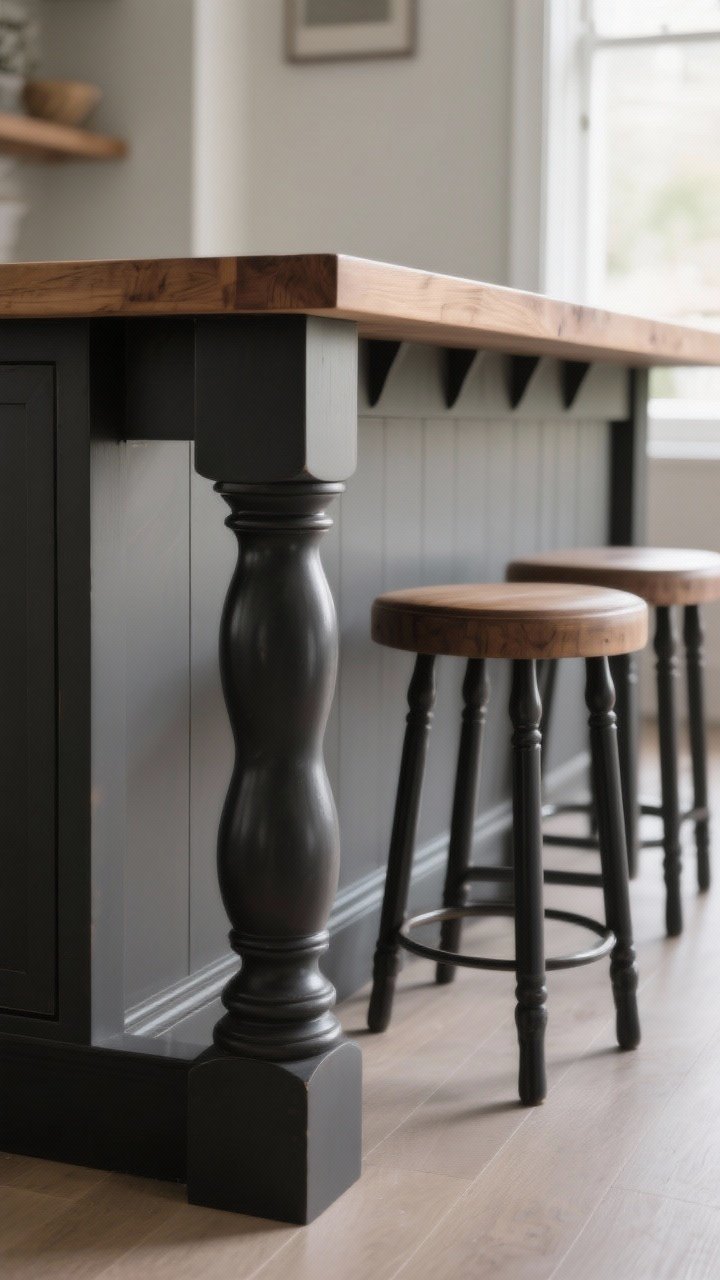 Photorealistic medium shot of an island seating side featuring chunky turned statement legs painted deep charcoal, supporting a natural wood top with a slim apron/skirt detail underneath. The rest of the island base remains minimal and matte, with streamlined surfaces and no ornate corbels. Corner-leg placement on the seating side creates a furniture-like look. Soft, indirect natural light; slight corner angle to showcase leg profiles and restrained silhouette.