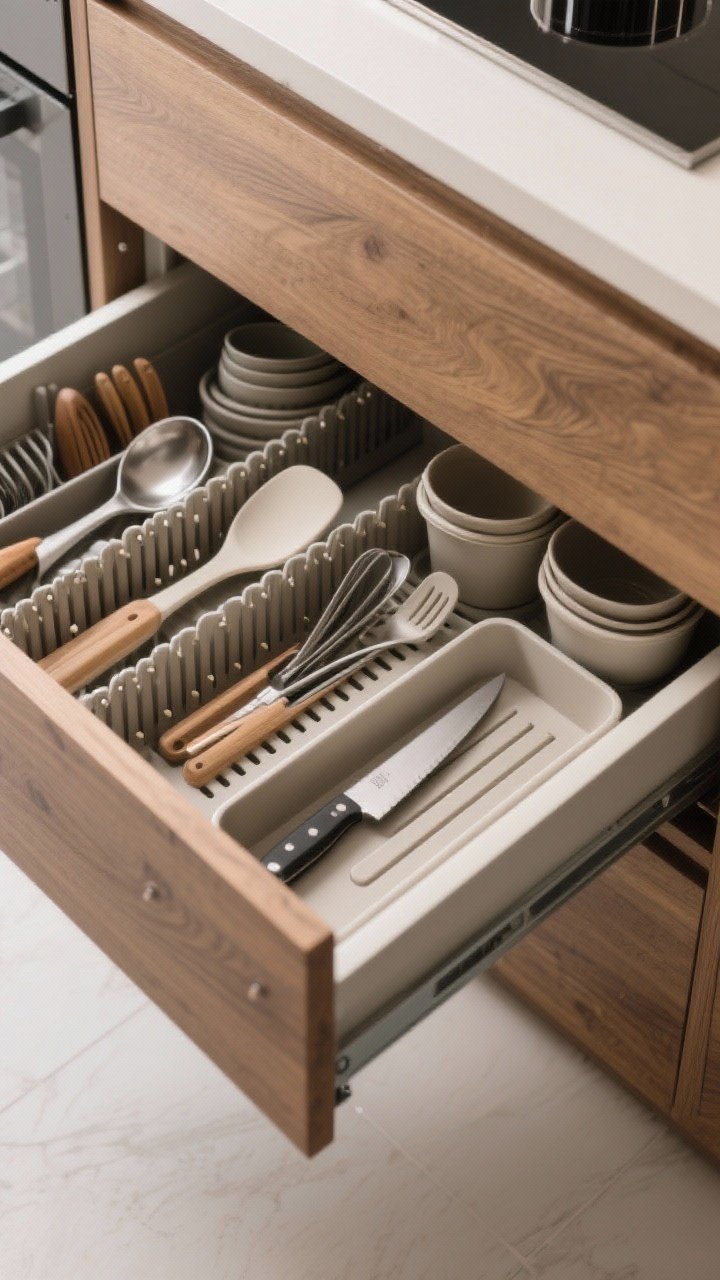 Photorealistic medium shot of an open deep kitchen drawer with customizable inserts: adjustable dividers separate ladles, spatulas, and tongs; a slotted section stands food container lids upright while nested containers sit flush; a knife tray insert holds blades safely; show interior height measured perfectly so inserts don’t slide; include movable drawer pegs forming zones for bowls; matte oak drawer box with smooth grain, top drawer reserved for daily-use tools; gentle overhead lighting, straight-on angle