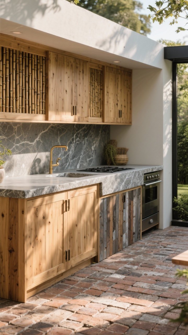 Photorealistic medium shot of an outdoor kitchen corner built with nature-first materials: bamboo or FSC-certified wood slatted cabinet doors paired with recycled composite decking cladding on the bar front, honed soapstone countertop with subtle veining, and a floor of recycled brick pavers defining the zone; warm afternoon sunlight creating soft shadows, textures emphasized to show the grain of wood, matte stone, and the rugged paver surface; avoid softwoods or glossy finishes, focus on durable, natural materials that will patina outdoors.