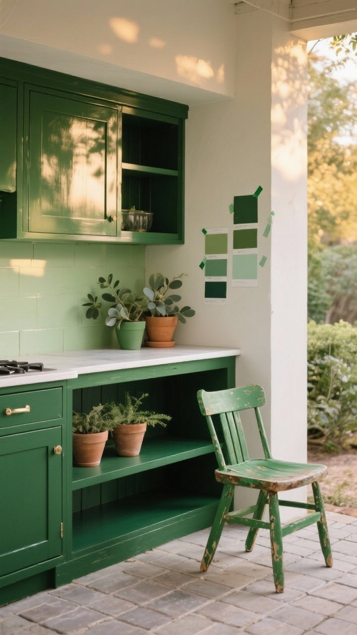 Photorealistic medium shot of an outdoor kitchen nook at golden hour: exterior-grade cabinets painted two-tone in deep forest green base with lighter sage green open upper shelves, semi-gloss finish with subtle reflections; green-painted potting bench doubling as storage; paint swatches taped to the side panel in olive, eucalyptus, and sage under natural outdoor light to show color shift; old patio chair freshly painted eucalyptus green beside the setup; clean pavers underfoot; no people, crisp textures, balanced composition