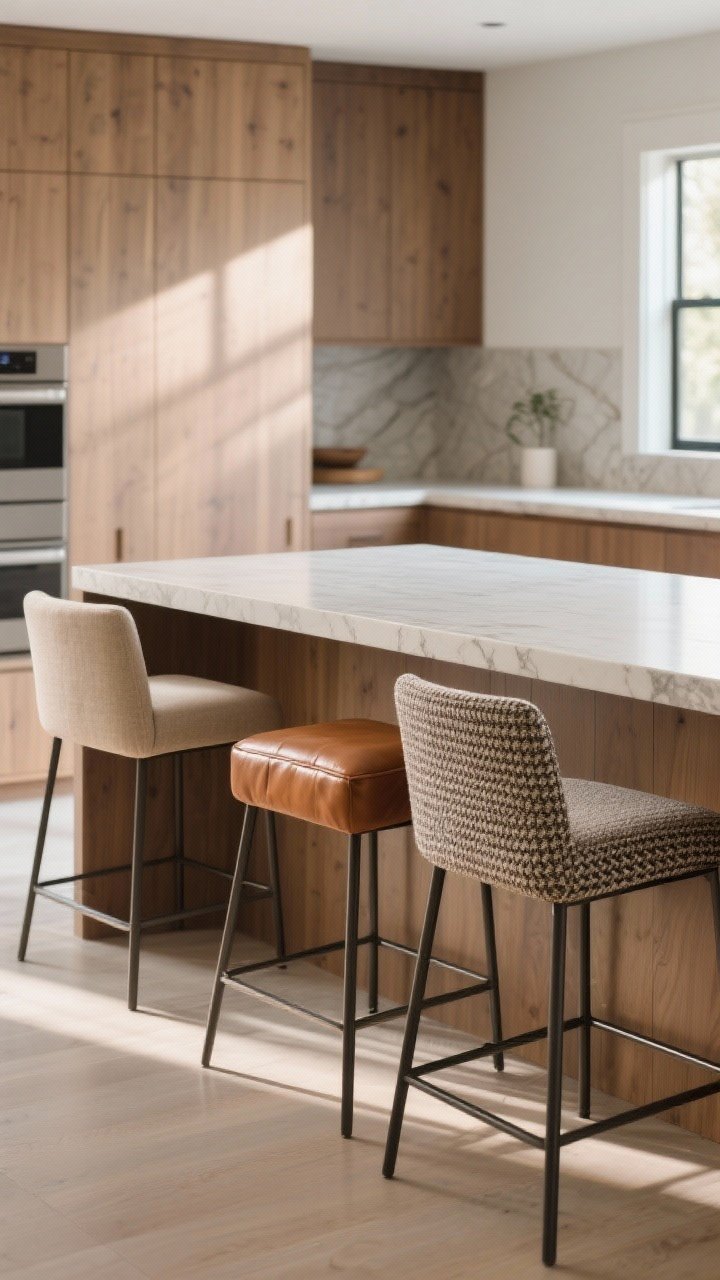 Photorealistic medium shot of built-in island seating with a 12–15 inch overhang and upholstered counter stools. Mix textures: one stool in natural linen, one in warm caramel faux leather, one in performance fabric weave, all on sleek, modern frames. Leave at least 24 inches of width per seat. Gentle morning light, slightly angled view to show knee clearance, plush upholstery, and the softening effect against wood and stone surfaces.