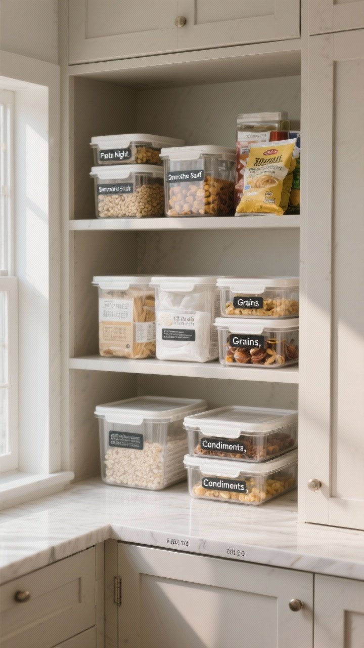 Photorealistic medium shot of cabinet shelves styled with right-sized containers and labels: square and rectangular clear bins maximize space for snacks, baking items, and packets; a single brand line ensures interchangeable lids, stacked neatly; removable labels read “Pasta Night,” “Smoothie Stuff,” “Grains,” and “Condiments,” with expiration dates marked subtly on the bottom; neutral cabinet interior with clean edges; daylight from the left highlights clarity and order, straight-on framing